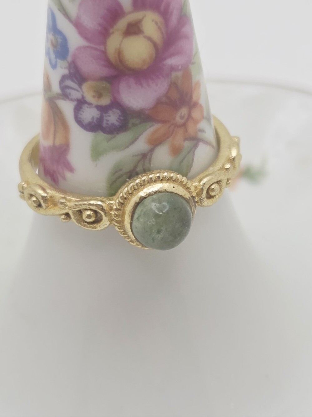 Vintage Style Gold Plated Rope Solitaire Ring Sage Green Cabochon Victorian #6